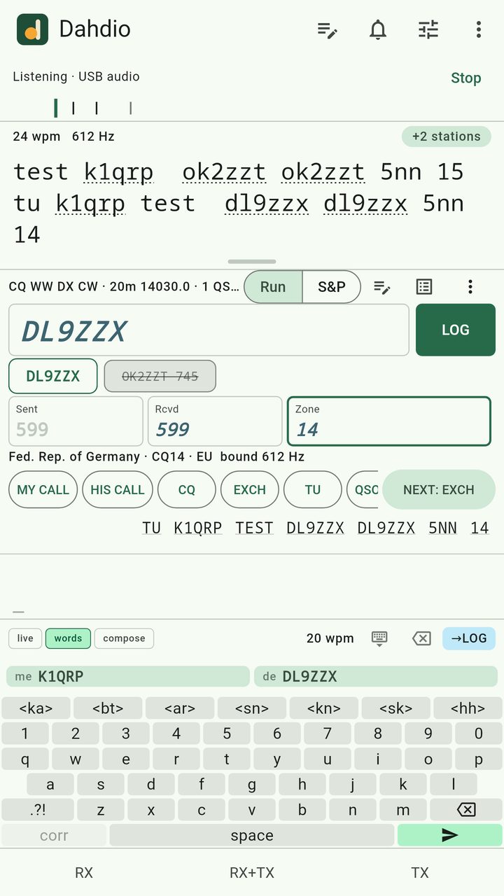 Dahdio’s logger during CQ World Wide: the call DL9ZZX and zone 14 filled in from the decode, with contest message buttons and a LOG button.