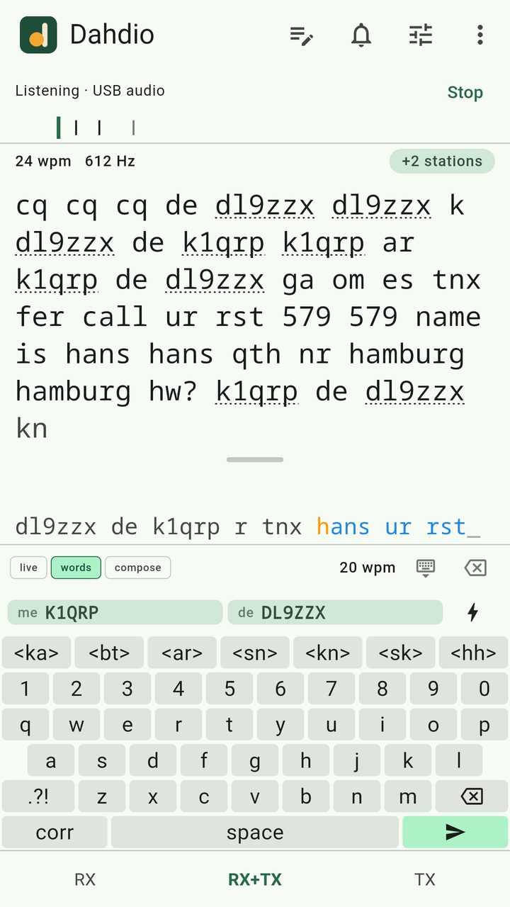 Dahdio in RX+TX: the received QSO above, a reply being sent word by word below, and the Morse keyboard with prosign keys.