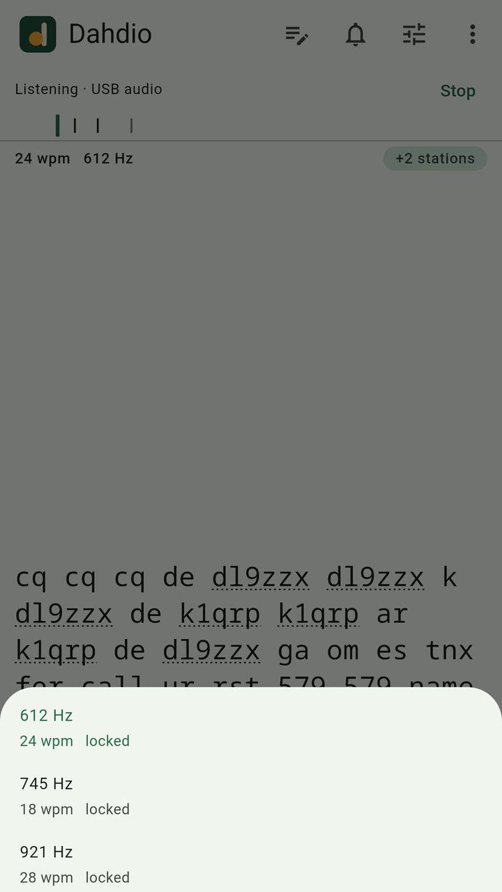Dahdio’s station list: 612 Hz at 24 wpm, 745 Hz at 18 wpm and 921 Hz at 28 wpm, each locked.